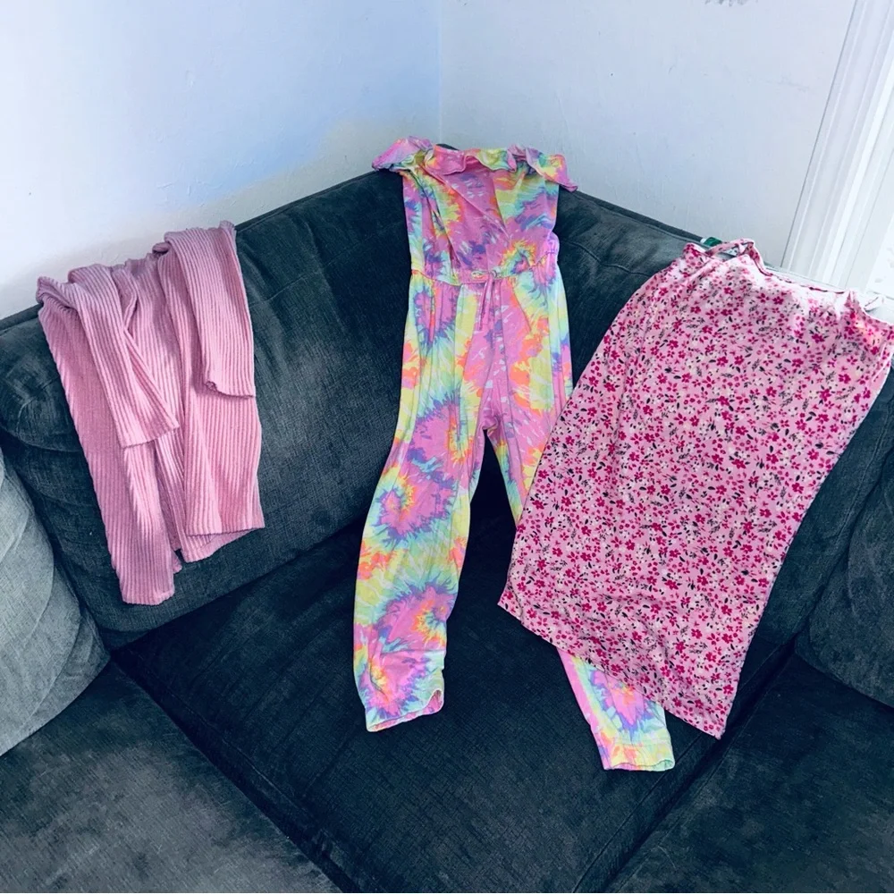 Colorful Tie-Dye Jumpsuit and Floral Dress Set size girls kids 10 Lot bundle